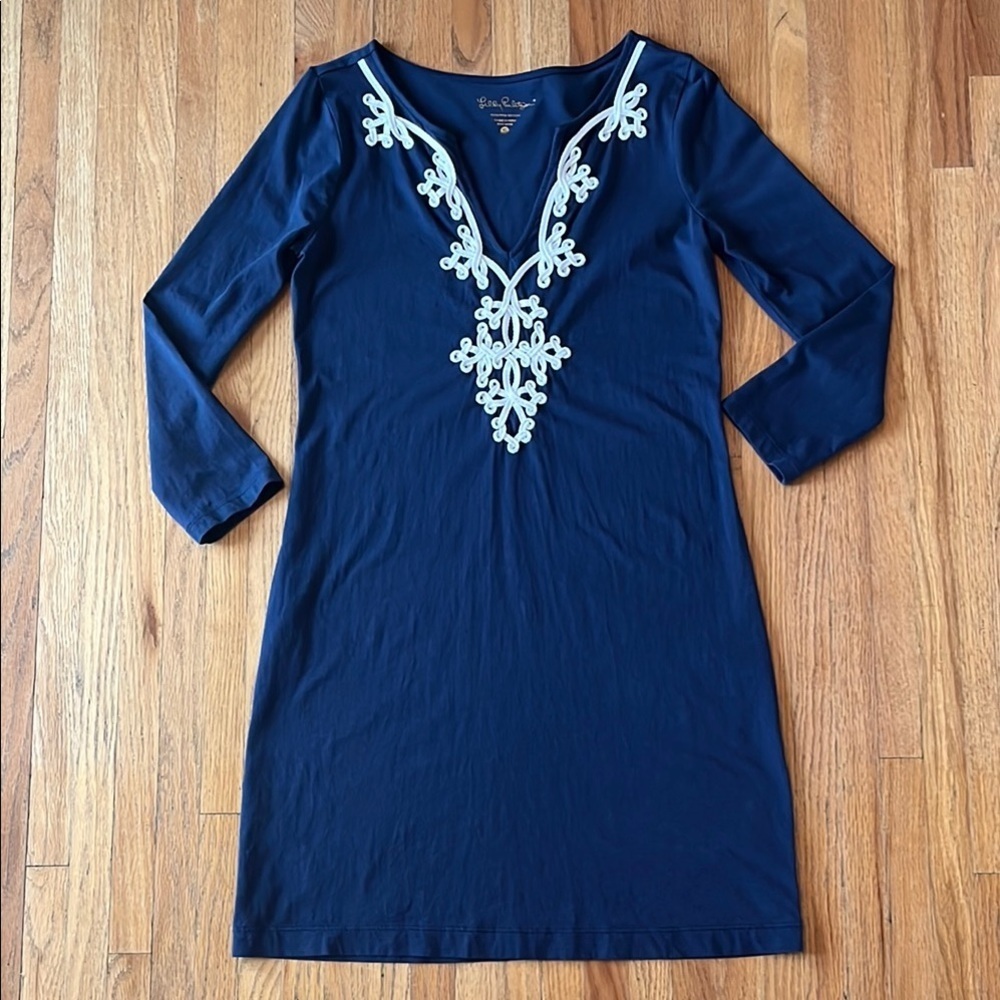 Lilly Pulitzer Cotton Navy Blue Embroidered Dress Size: Small